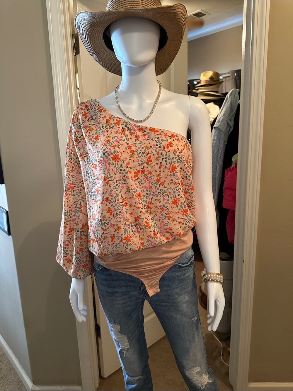 Floral One-Shoulder Bandeau Bodysuit in Peach